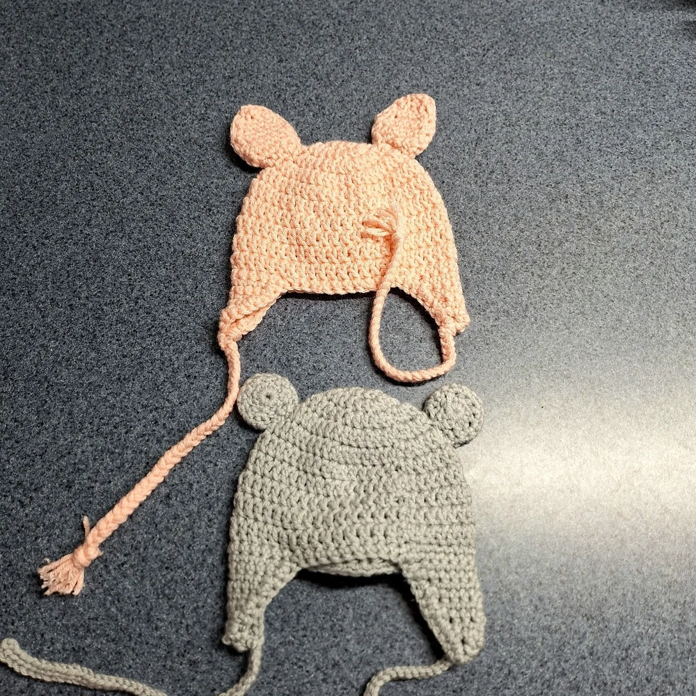 406 Yarn Creations Crocheted Pig & Bear Ear Flap Hats, Size 3-6 Months, NWOT